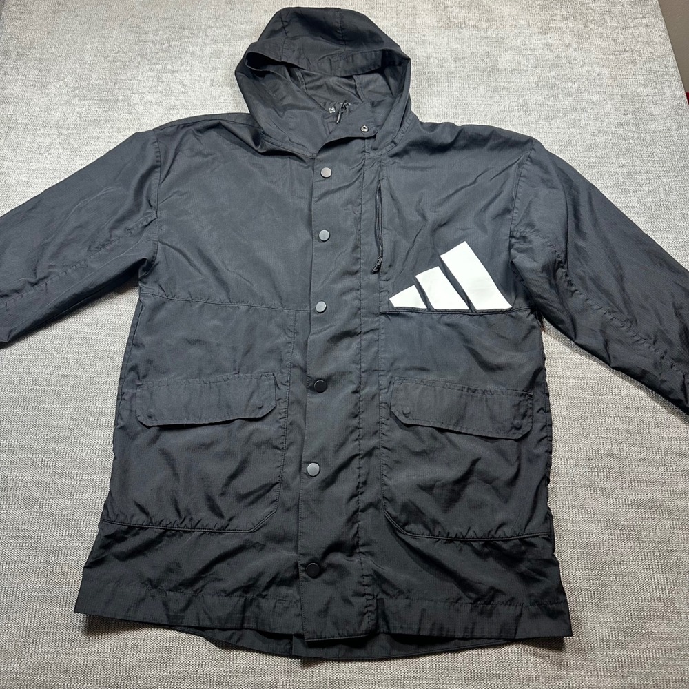 Adidas Windbreaker Jacket Mens Small Black Ripstop Hooded Snap Front